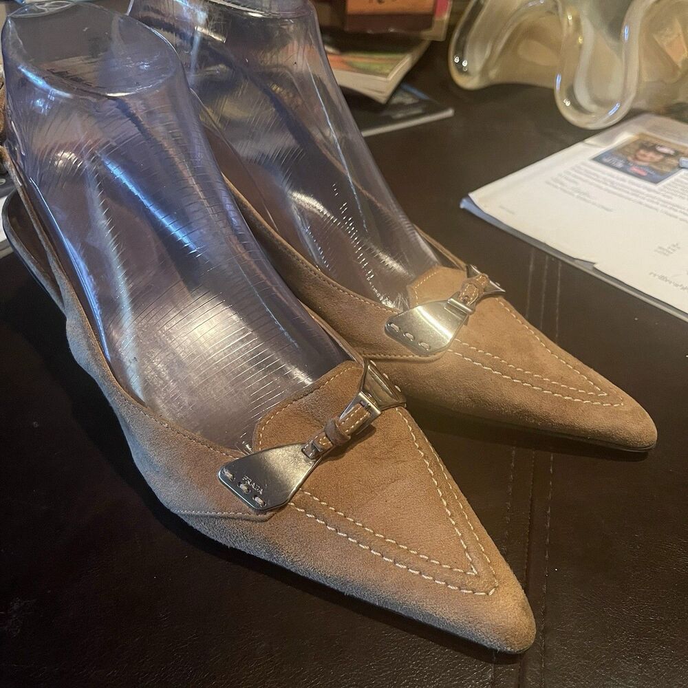 Prada Tan Suede Slingback Kitten Heels with Silver Buckle Old Money Size 37/7